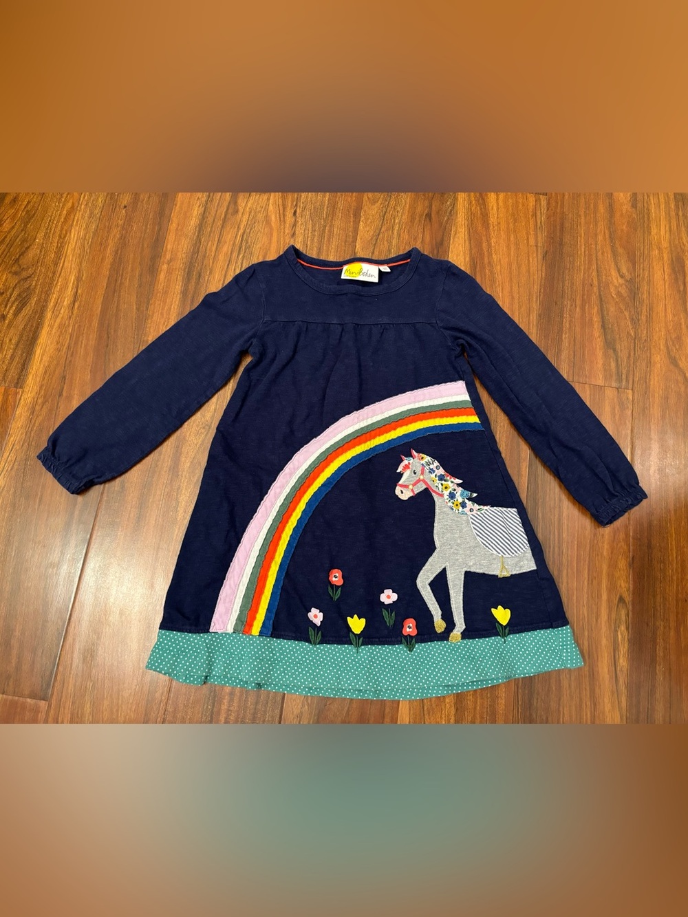 Mini Boden Navy Long Sleeve Horse Rainbow Appliqué Embroidered Dress